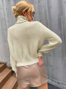SHEIN Privé 纯色高领落肩针织套头衫秋冬毛衣 - 杏色 - 查看 2