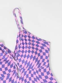 Ds25 Girls' One Piece Swimsuit With Hollow Out & Check Pattern - Pink - View 4