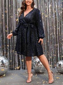 SHEIN Clasi Plus Lantern Sleeve Belted Sequin Dress Fall Cloth For Women - Black - View 4