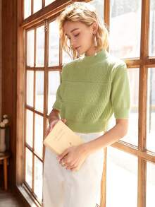 Knit Mix Turtleneck Fitted French Elegant Knit Top, Short Sleeve Pullover, Casual Style, Fashionable Cropped Sweater, Suitable For Back To School Season And Autumn - Lime Green - View 7
