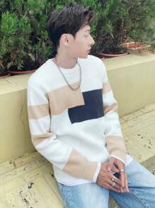Claim Dot Nam Tương phản Màu sắc Vòng cổ Thả vai Giải trí Áo len - trắng - Xem 5