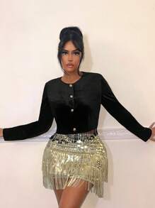 SHEIN SXY Ladies' Long Sleeve Jacket With Tassel Hem And Metal Buttons - Black - View 1
