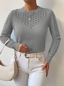 SHEIN LUNE Women's Heart Shaped Hollow Out Knitted Sweater - Dark Grey - View 4