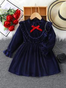 SHEIN Young Girl Ruffle Trimmed Ribbon & Bow Decorated Dress - Navy Blue - View 1