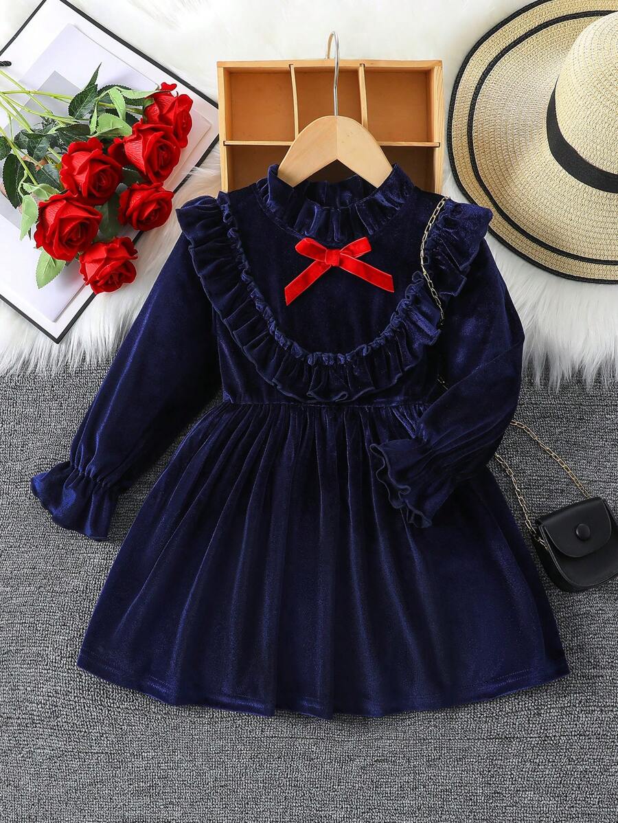SHEIN Young Girl Ruffle Trimmed Ribbon & Bow Decorated Dress - Navy Blue - View 1
