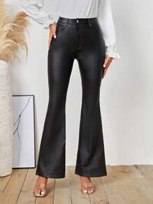 SHEIN LUNE 女士時尚純色修身喇叭褲，休閒款式 - 黑色 - 查看 6