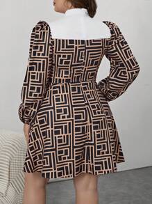 SHEIN Privé Plus Geo Print Lantern Sleeve Dress Without Belt - Brown - View 2