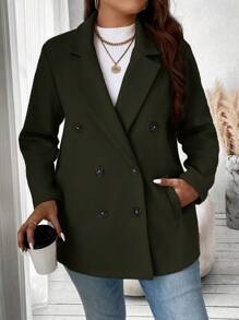 SHEIN Franclia Plus Lapel Neck Double Breasted Overcoat - Army Green - View 3