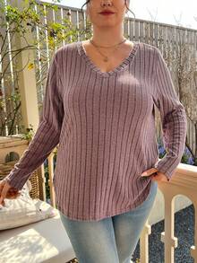 SHEIN CURVE+ Plus Size Solid Color V-neck Long Sleeve T-shirt - Dusty Pink - View 3