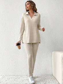 SHEIN Tall Thả vai Đồ đan Ribbed Áo thun & Quần Bộ - Màu Khaki - Xem 5