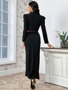 SHEIN Privé 短款西裝外套和裙子套裝 - 黑色 - 查看 2