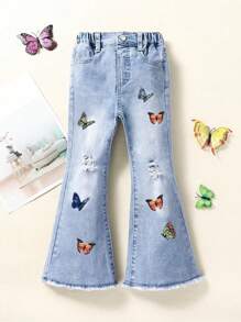Young Girl's Butterfly Pattern Bootcut Jeans - Medium Wash - View 1