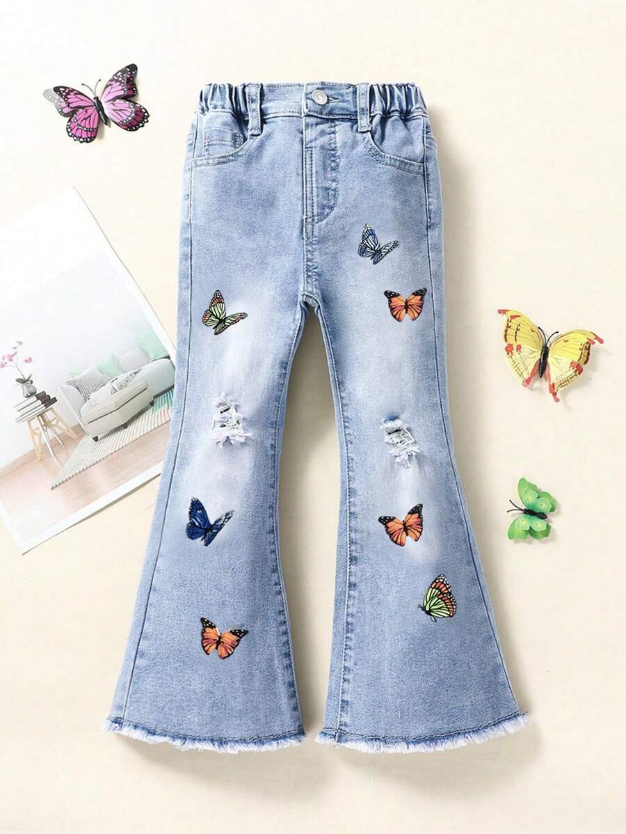 Young Girl's Butterfly Pattern Bootcut Jeans - Medium Wash - View 1