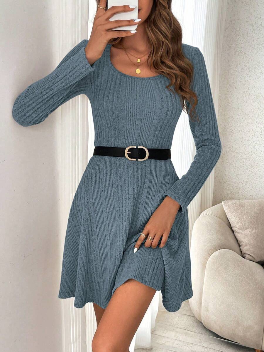 SHEIN Frenchy Solid Color Knitted Dress Without Belt - Baby Blue - View 1
