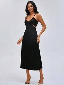 Growing Cut Out Split Thigh Cami Dress - Black - View 7