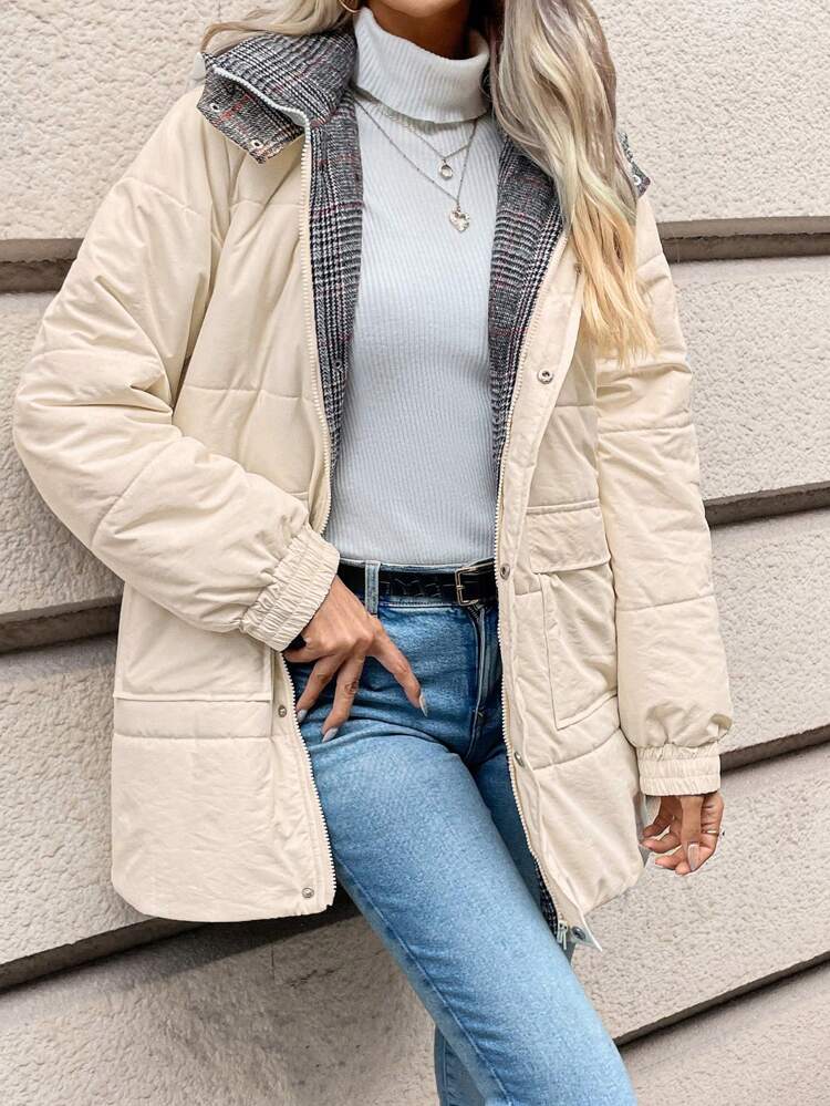 Women'S Hooded Plaid Lined Padded Coat With Padding Winter Casual