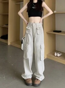 素色翻蓋口袋工裝褲 - 淺灰色 - 查看 1