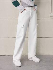 SHEIN LUNE Women'S Straight Cargo Denim Trousers - White - View 5