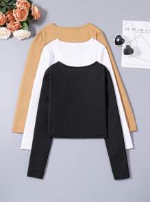 Teen Girl 3pcs Solid Scoop Neck Tee - Multicolor - View 2