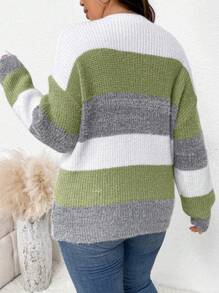 SHEIN Frenchy Kích thước lớn Vòng cổ Tương phản Màu sắc Thả vai Áo len - màu xanh lá - Xem 2