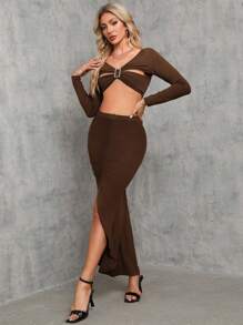 SHEIN Tall 鑽石扣細節短上衣和褶皺不對稱襬裙 - 淡紫色 - 查看 5