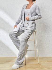 SHEIN Essnce 針織羅紋吊帶背心+開襟衫+長褲,3件式保暖套裝 - 灰色 - 查看 6