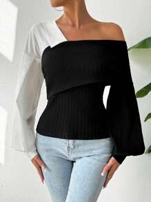 SHEIN Essnce Top De Cuello Asimétrico Con Bloques De Color Para Mujeres - Negro - Ver 4