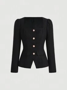 SHEIN MOD Women's Woolen Coat With Square Collar And Single-breasted Button Closure - Black - View 1