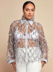 SHEIN BAE 聖誕大碼亮片裝飾流蘇邊前紐扣襯衫不附胸罩 - 灰色 - 查看 6