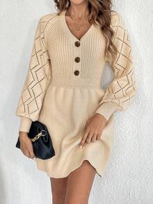 SHEIN Frenchy Của phụ nữ Cổ chữ V Nút Lên Tay áo lồng đèn Dệt kim Đầm Áo len - Màu Khaki - Xem 5