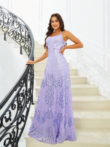Missord Spaghetti Strap Sequin Evening Party Formal Dress - Purple - View 8