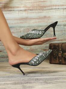 女士高跟尖头铆钉一脚蹬穆勒鞋，适合派对和百搭，风格清新 - 綠色 - 查看 5