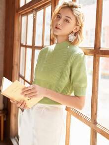 Knit Mix Turtleneck Fitted French Elegant Knit Top, Short Sleeve Pullover, Casual Style, Fashionable Cropped Sweater, Suitable For Back To School Season And Autumn - Lime Green - View 5