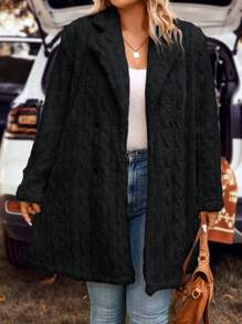 SHEIN LUNE Plus Size Cable Knit Cardigan - Black - View 4