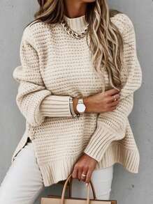 SHEIN LUNE Plus Solid Split Hem Sweater Knit Pullover Fall Winter Sweater - Apricot - View 3