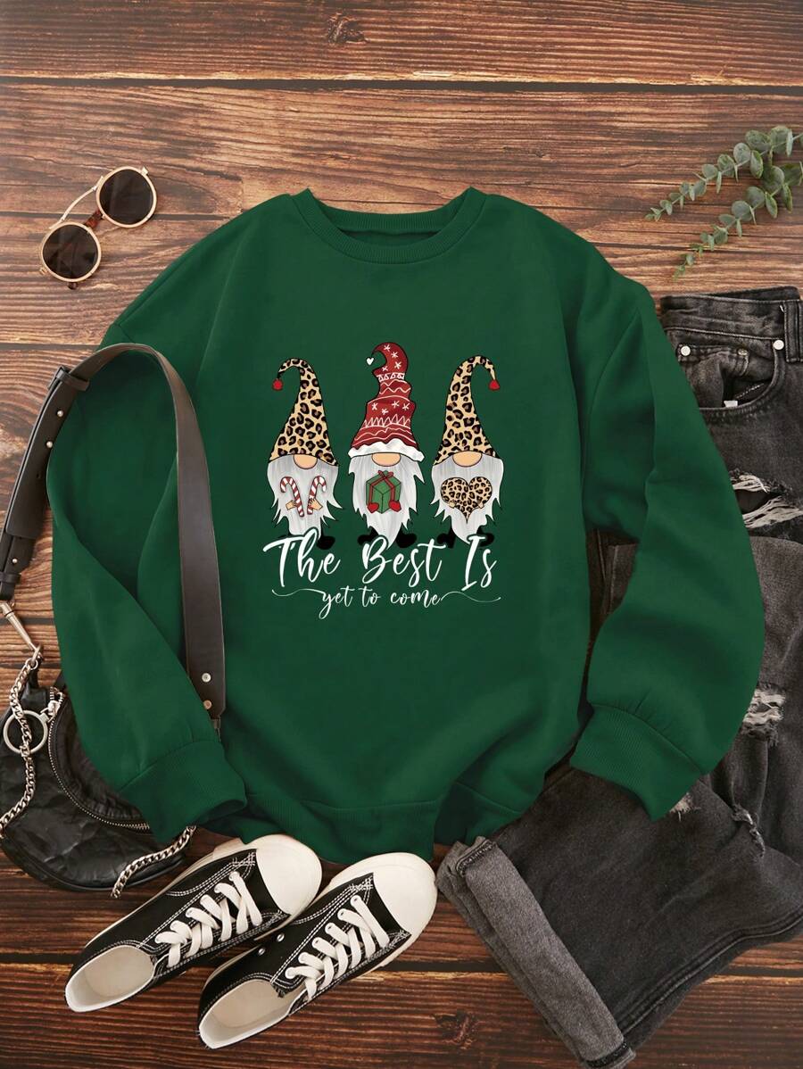 SHEIN LUNE Women's Christmas Gnome Printed Round Neck Fleece Sweatshirt - Dark Green - View 1