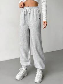 SHEIN EZwear Drawstring Waist Thermal Lined Sweatpants - Grey - View 6