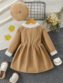 SHEIN Nhỏ bé Cô gái Cổ tròn Đầm Với Ruffled Trang trí - Màu Khaki - Xem 2