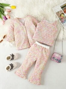 3pcs/Set Baby Girls' Elegant & Chic Gradient Knit Outfit For Autumn/Winter - Pink - View 1