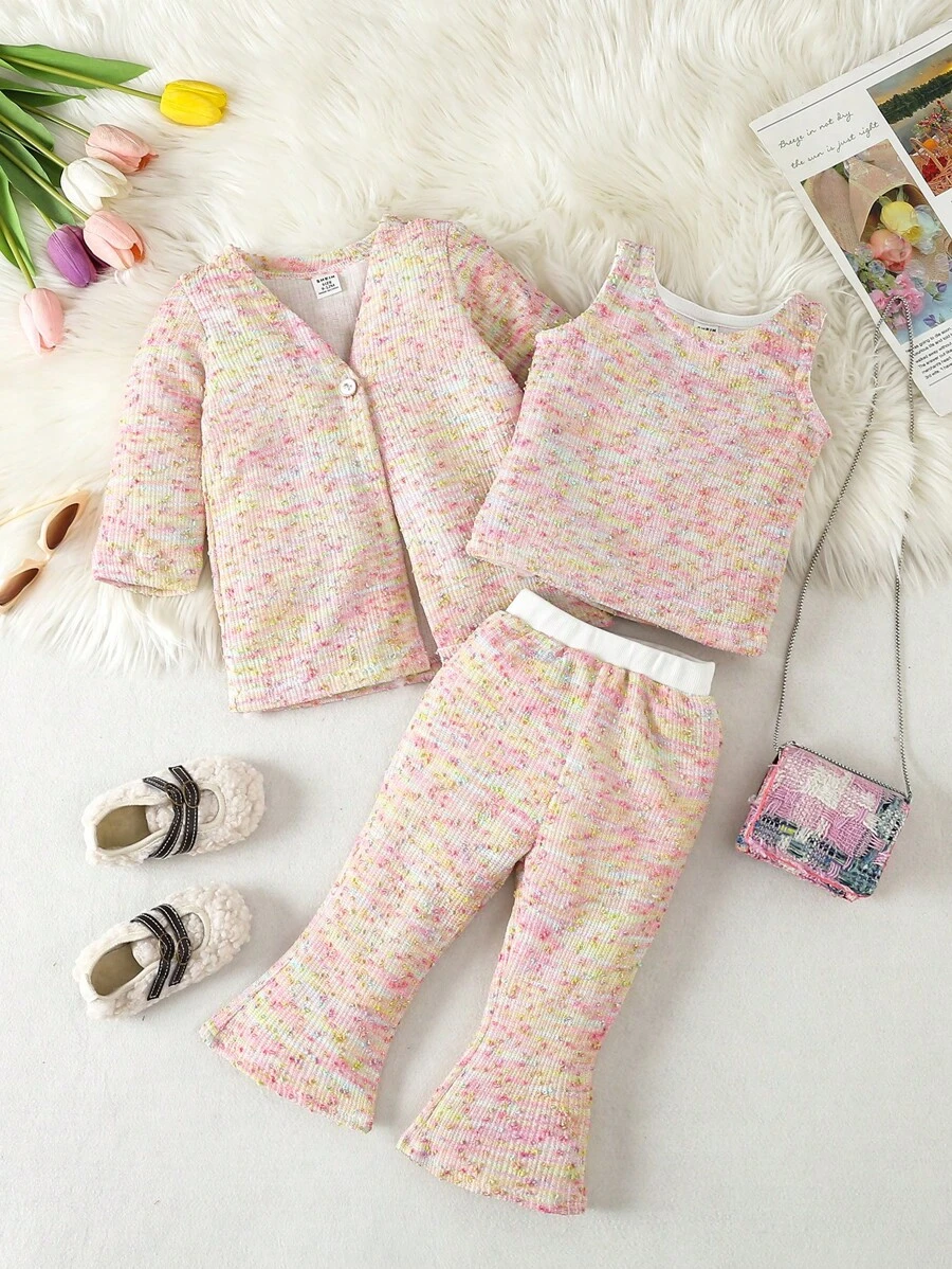 3pcs/Set Baby Girls' Elegant & Chic Gradient Knit Outfit For Autumn/Winter - Pink - View 1