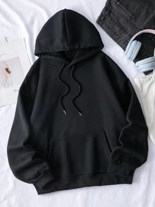 SHEIN EZwear 女式抽繩天使標語印花連帽衫 - 黑色 - 查看 2