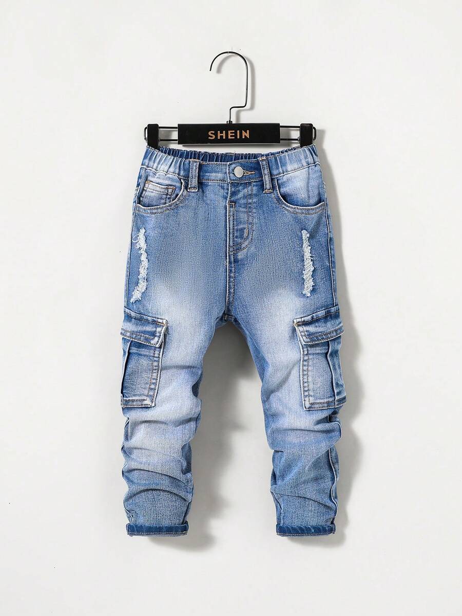 SHEIN Young Boy Casual Mid-Rise Irregularly Cut Distressed Jeans - Medium Wash - View 1