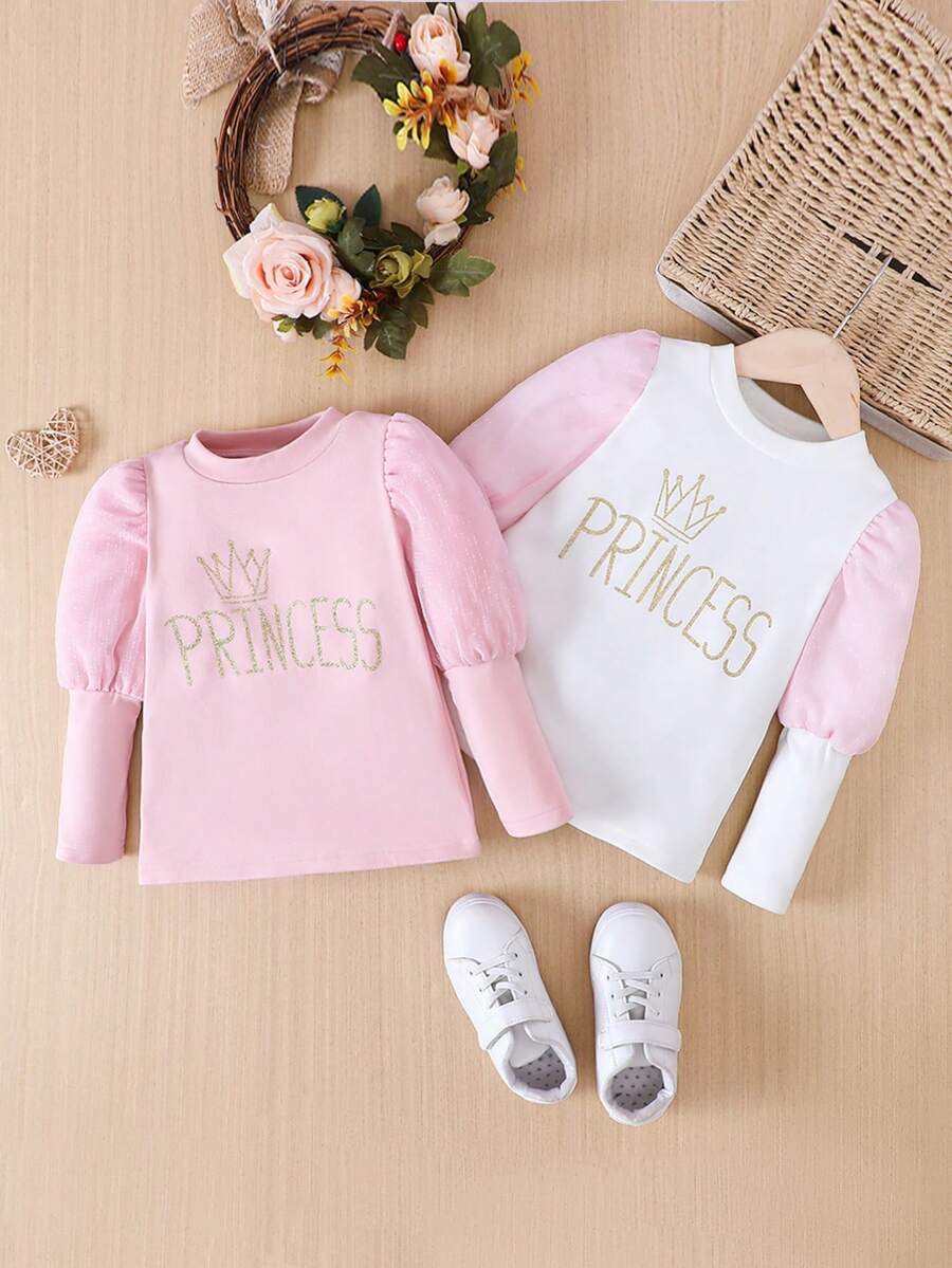 SHEIN Bé gái Thục nữ
淑女 Công chúa In thư Dài Áo thun , 2 cái/bộ Đối với Mùa thu Và Mùa Đông - Nhiều màu - Xem 1