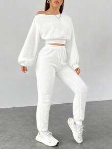 SHEIN EZwear White Furry Suit For Women - White - View 1