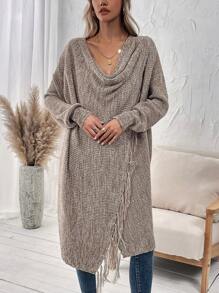 SHEIN LUNE Women'S Drape Neck Fringe Hem Cardigan - Multicolor - View 3