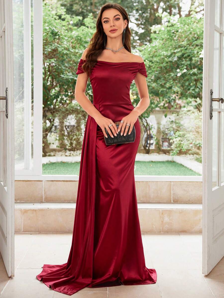 MUXXN 露肩褶皺側開叉大腿緞面正式禮服 - 紅色 - 查看 1