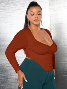 SHEIN SXY Plus甜心領不對稱下擺t恤 - 棕色 - 查看 4