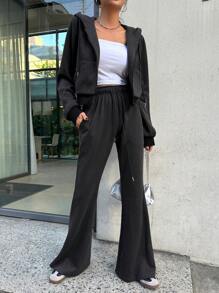 DAZY Women's Letter Print Drawstring Hoodie And Flare Pants 2pcs Set Tracksuits Women Set Lounge Sets For Women