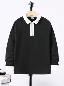 SHEIN Tween Boy Contrast Collar Quarter Zip Polo Shirt - Black - View 1