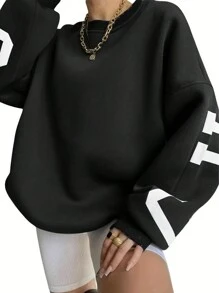 INAWLY Áo nỉ dài tay in chữ dành cho nữ, kiểu dáng vai rớt, thích hợp cho lễ tốt nghiệp, tựu trường, lễ tốt nghiệp, giáo viên, áo nỉ mùa thu cho mùa tựu trường. - màu đen - Xem 3